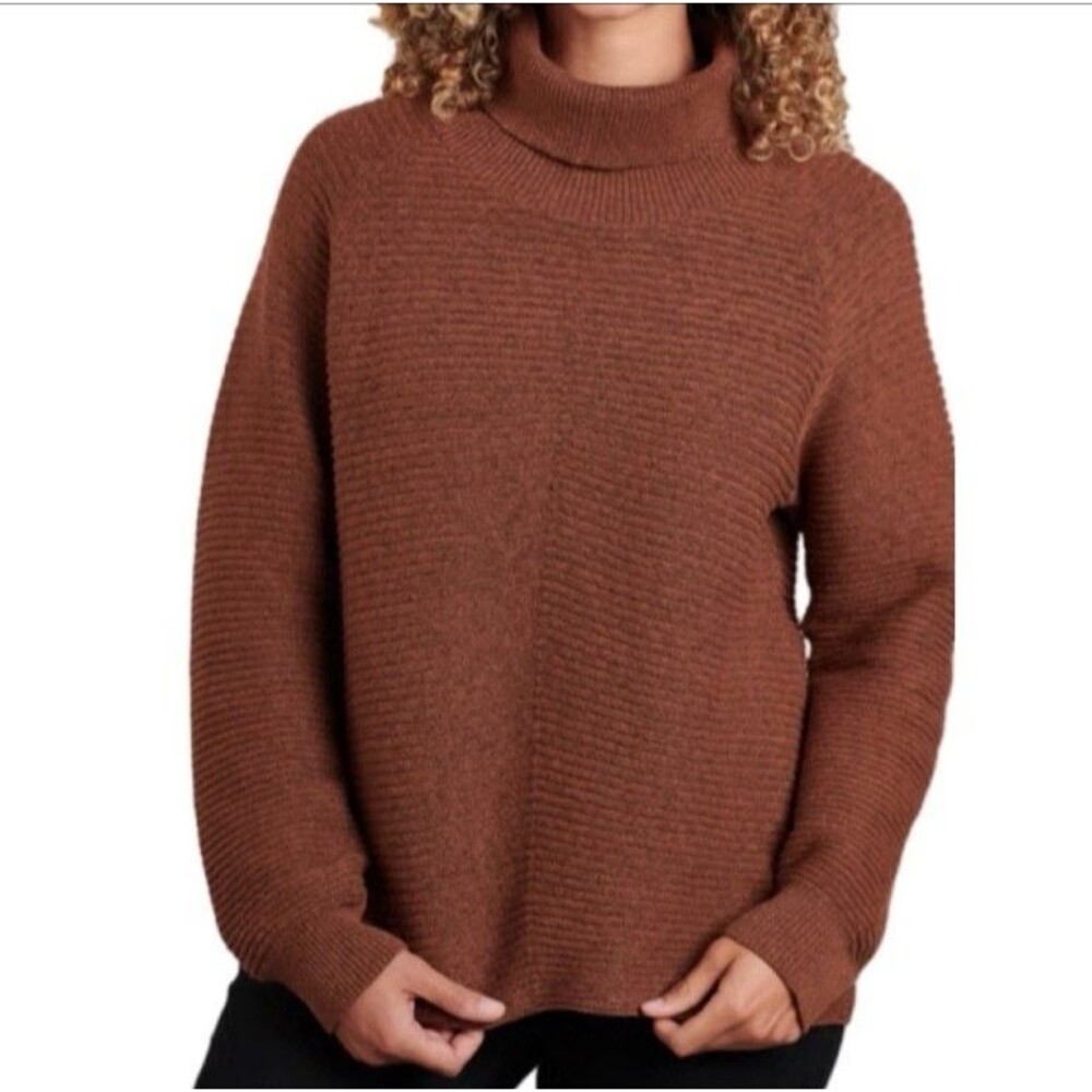 KÜHL Solace Sweater Women L Coffee Brown Merino Wool Blend Cowl Neck Ribbed